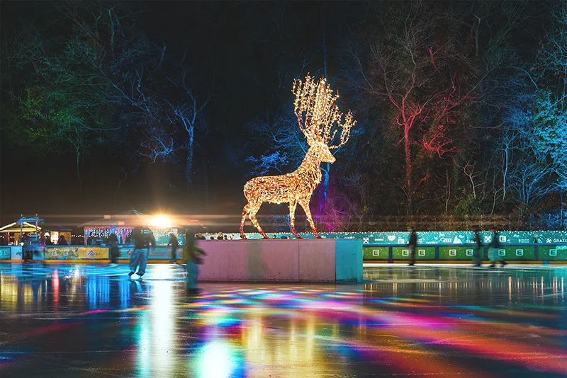 Die Eisfläche ist bunt beleuchet und man sieht die Grazer Winterwelt Lichtskulptur.